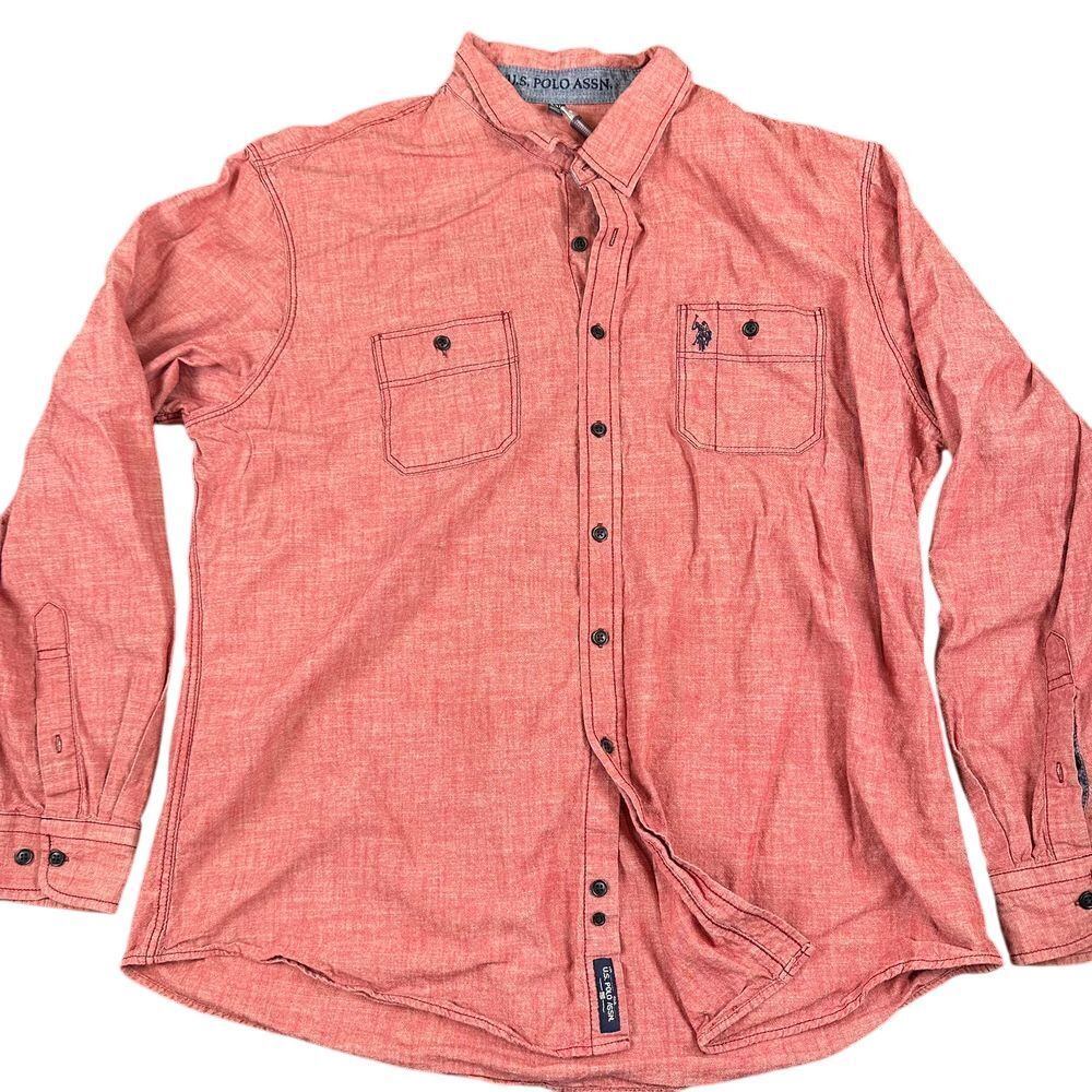 U.S. Polo ASSN Pink Chambray Button Down Casual‎ Shirt Long Sleeve Cotton XXL